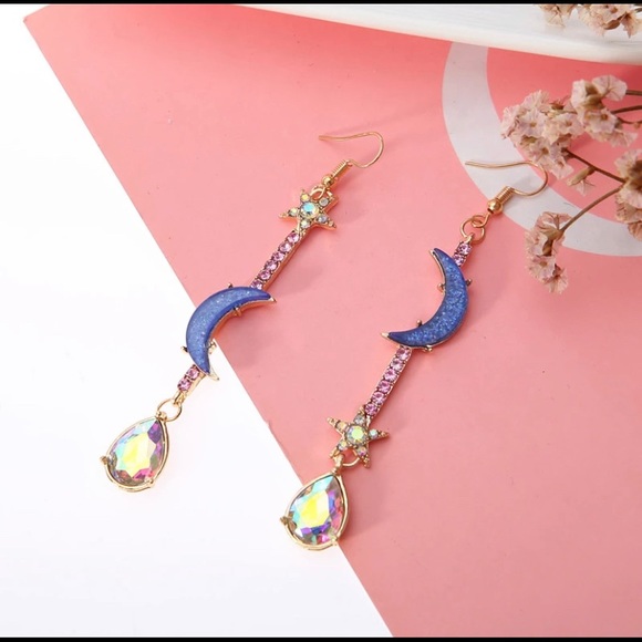 Bohemian Crescent Moon Star Earrings - Picture 2 of 5